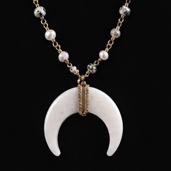 Unbranded Jewelry - Crescent Moon Horn Necklace Pearl Dalmatian Jasper Gold Tone Celestial Boho